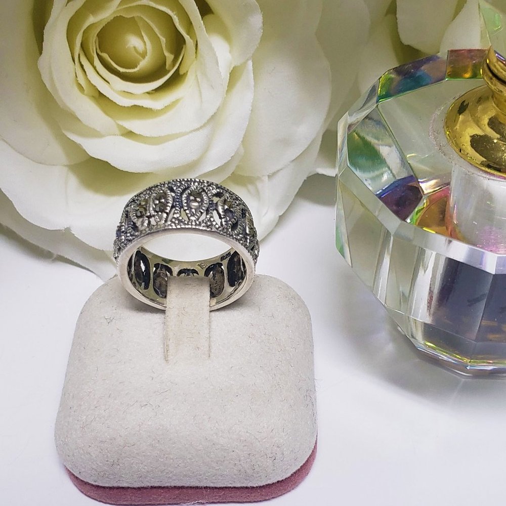 Swiss Marcasite Marquise Eternity Wide Band Ring
